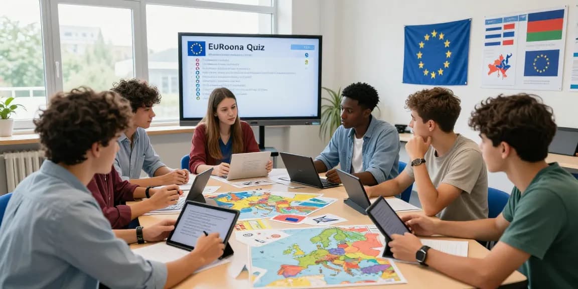 Group of students engaging in a European Union Quiz in a vibrant classroom setting.