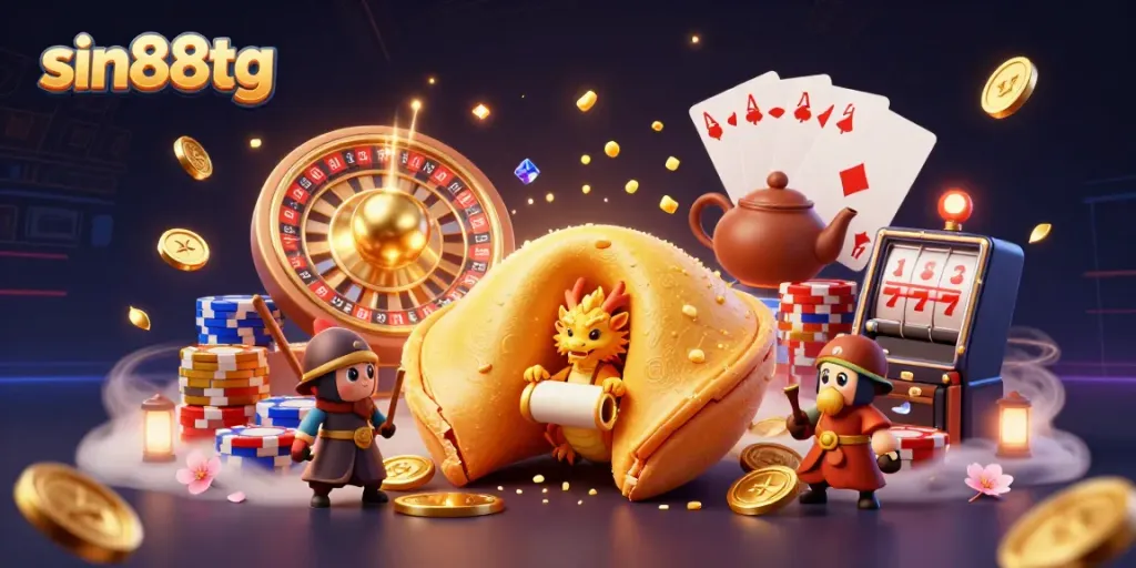 Win big at sin88tg with a vibrant and thrilling 3D casino illustration featuring fortune cookies, dragons, and dynamic gaming elements.