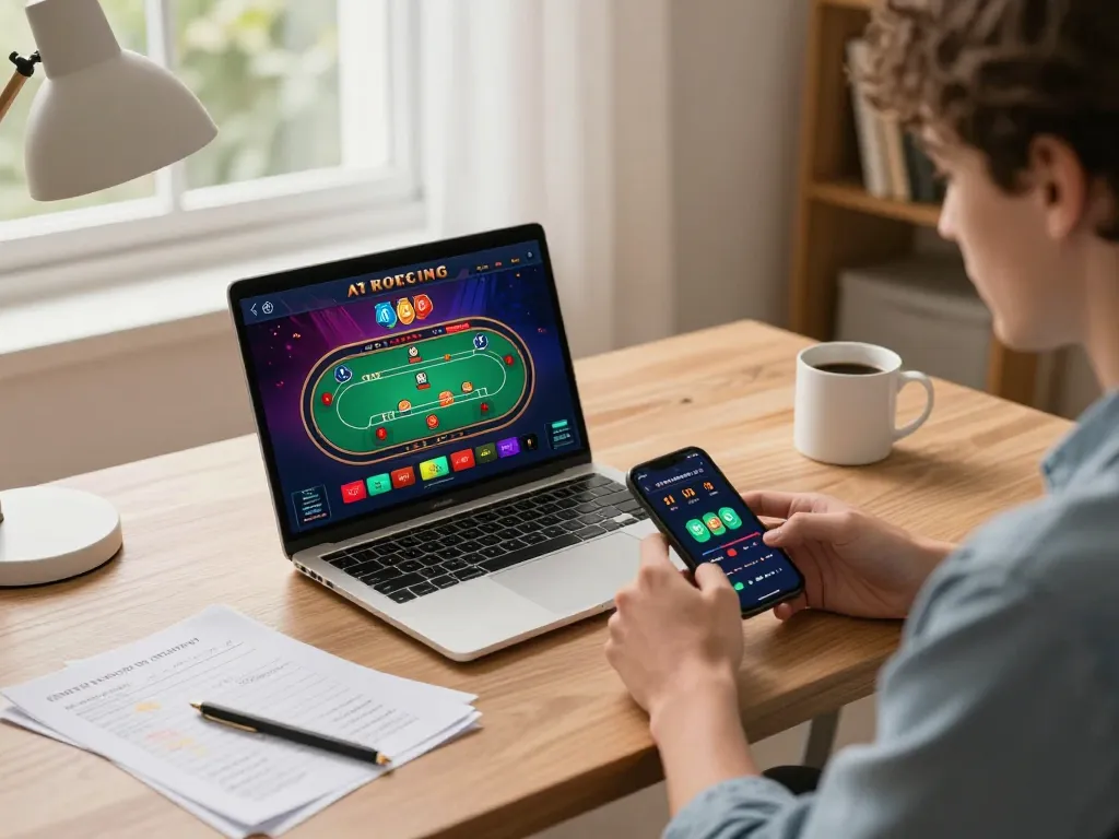 VA88 online poker game in action on a laptop, showcasing strategic gameplay in a cozy home office setup.