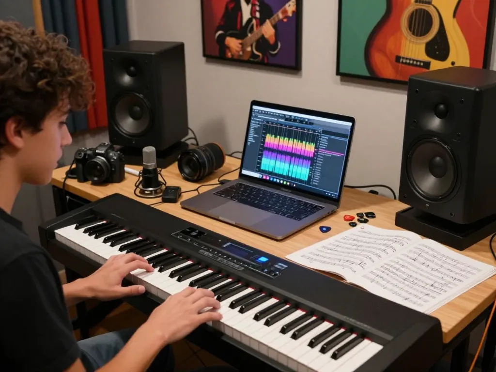 Young musician joyfully playing the go 88 digital piano in an inspiring music studio.