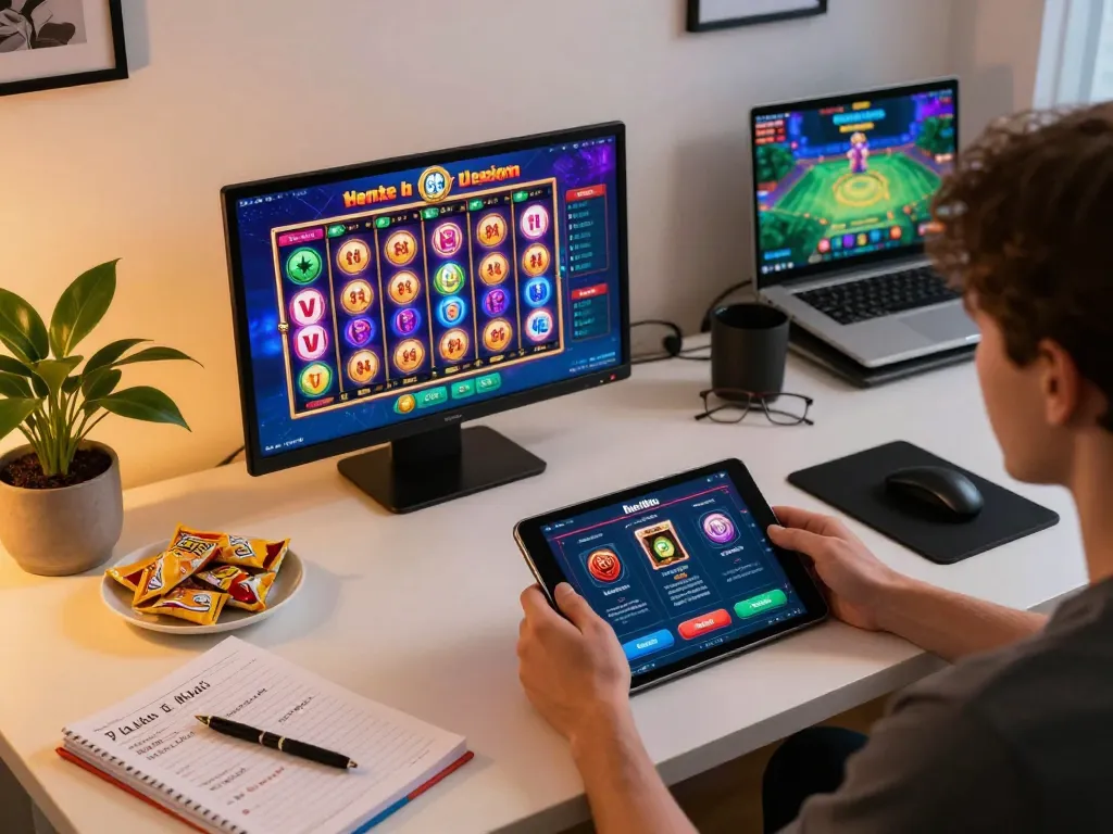 Player enjoying the Net 88 casino app on a tablet, surrounded by strategy notes and snacks.