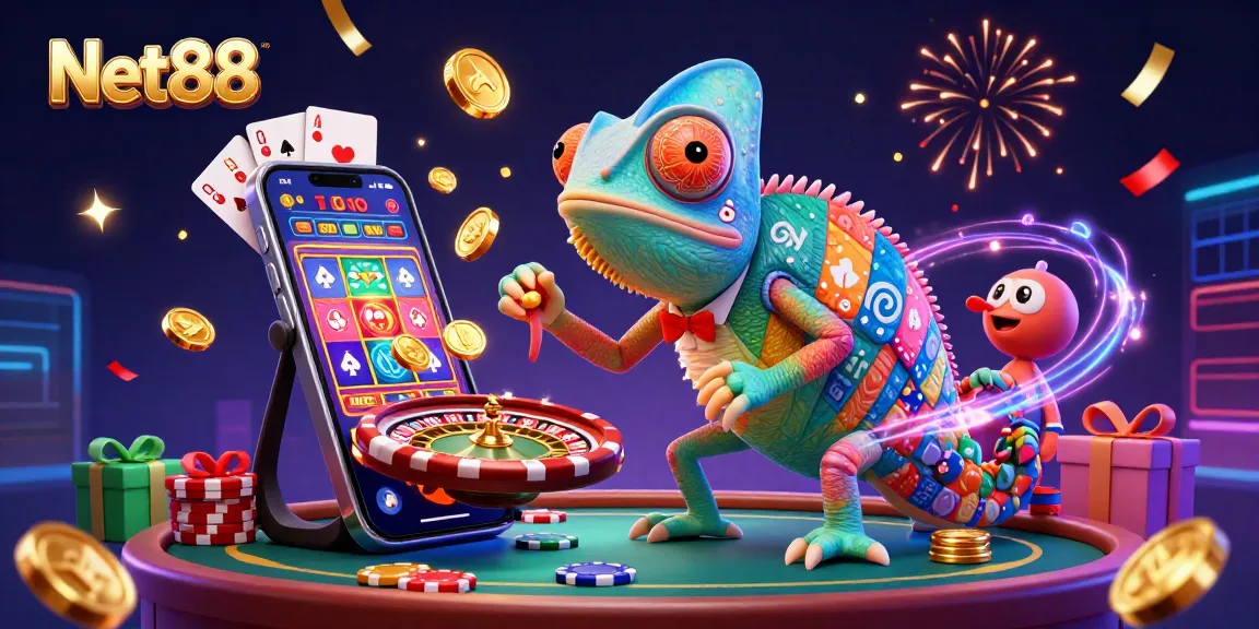 Experience excitement at Net88’s casino with a colorful chameleon and dynamic gaming elements!