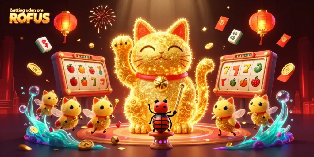 Engage in betting uden om ROFUS with dynamic gaming symbols and vibrant illustrations.
