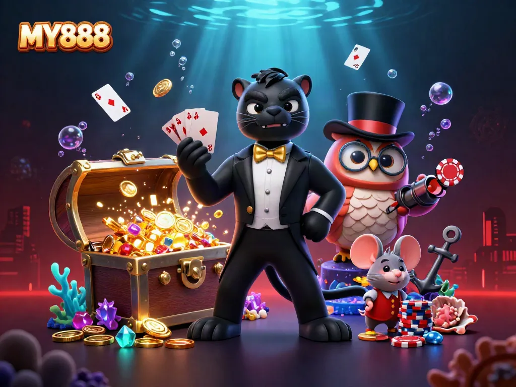 Engage in thrilling gaming at MY888 with vibrant characters and dynamic casino elements.