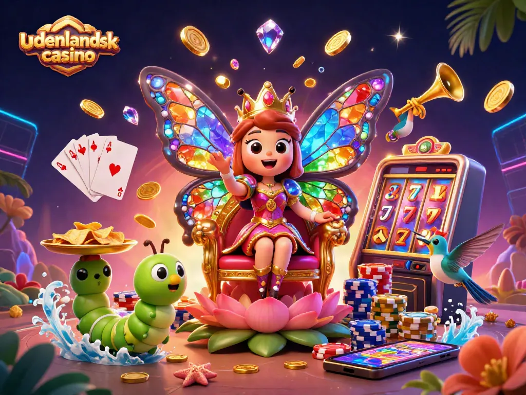 Play and win at udenlandsk casino with this vibrant illustration of a 3D butterfly queen and slot machine.