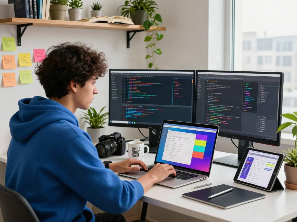 Developer crush on innovative software designs in a vibrant workspace.
