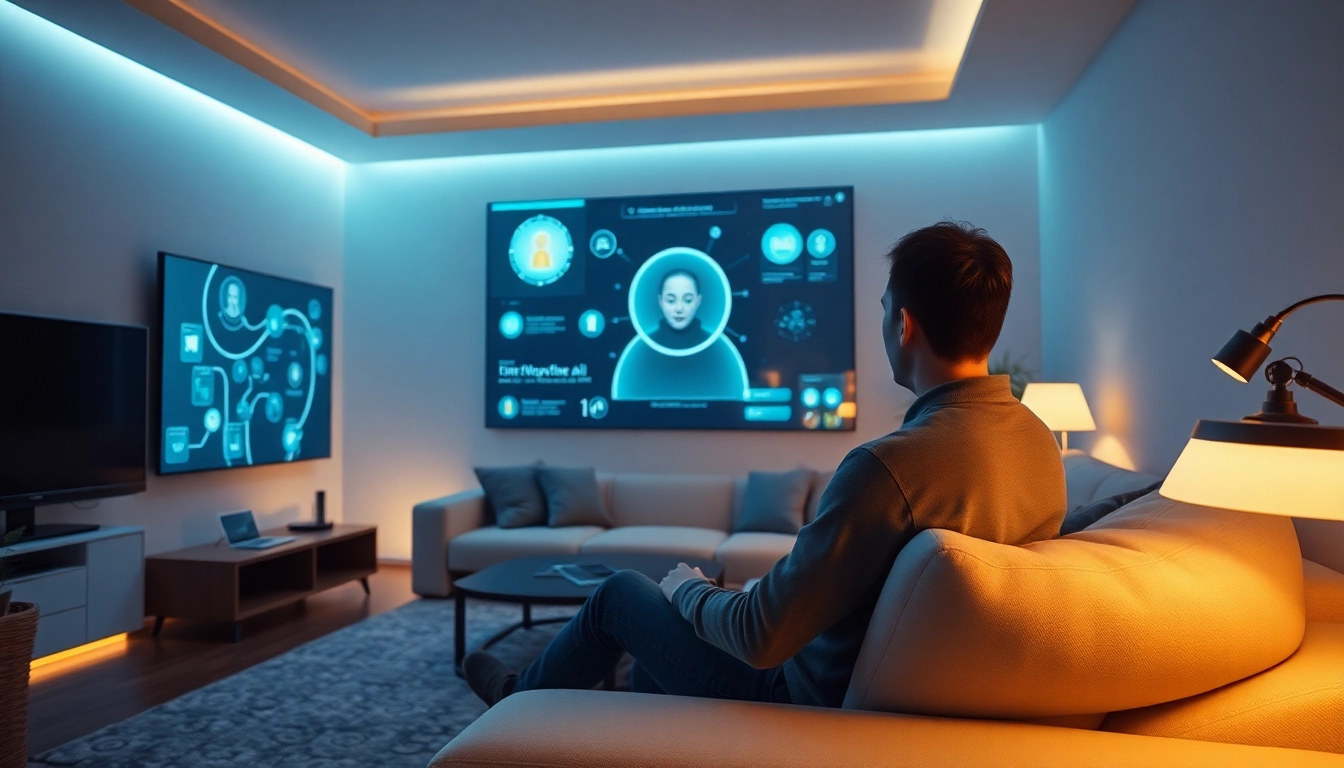 Engaging scene of a user interacting with a Crush AI companion in a modern living space, showcasing futuristic technology.