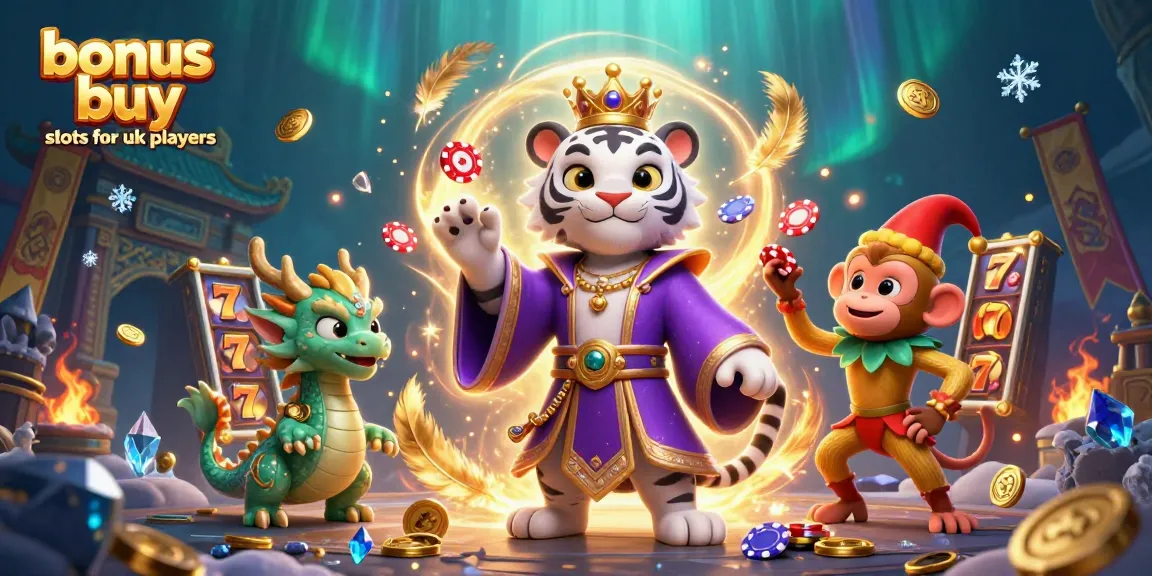 Experience exciting bonus buy slots for UK players in this vibrant 3D illustration filled with engaging casino elements.