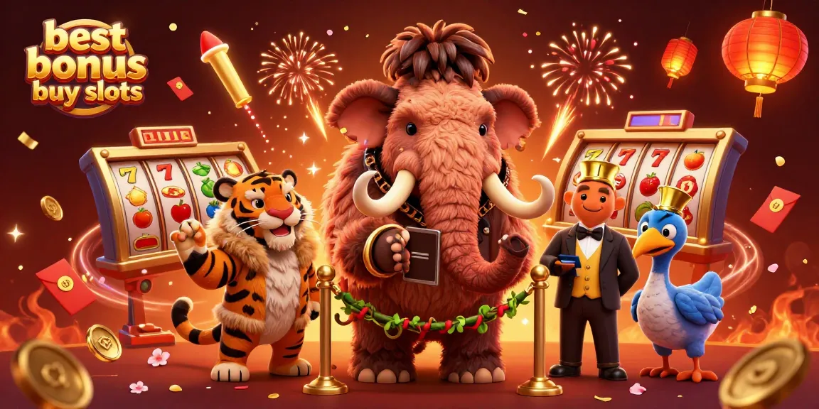 Experience the best bonus buy slots with a dynamic 3D casino scene featuring a woolly mammoth bouncer and vibrant elements.