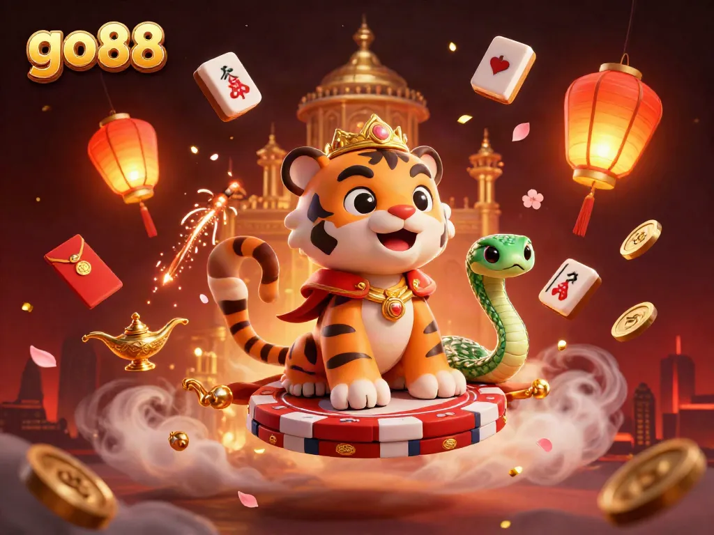 Engage with the dynamic world of go88, featuring a sultan on a carpet of poker chips amidst glowing casino elements.