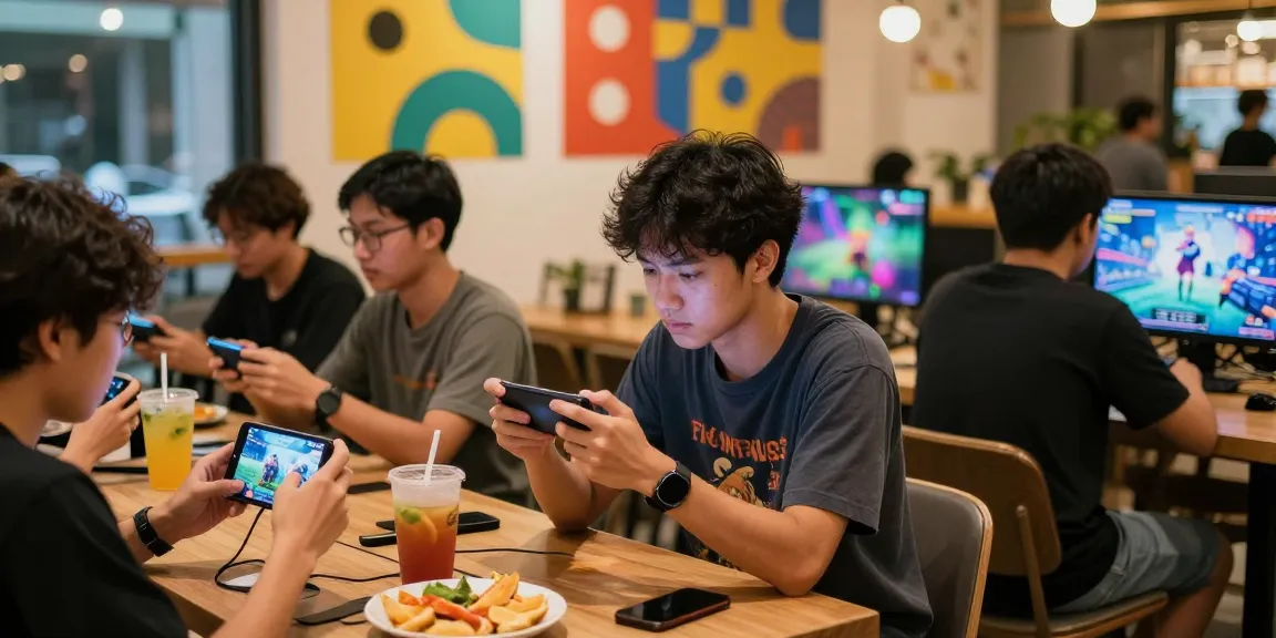 Young gamers enjoying rokok88 in an urban café, showcasing mobile gaming excitement.