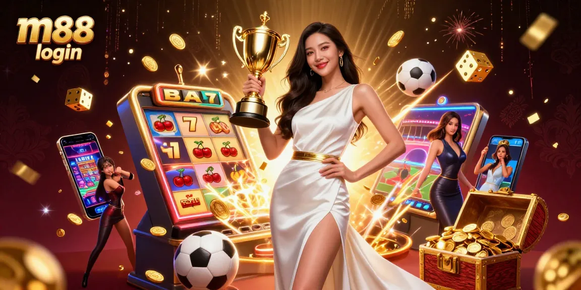 Win big with m88 login as a victorious Asian woman holds a trophy amidst casino excitement.