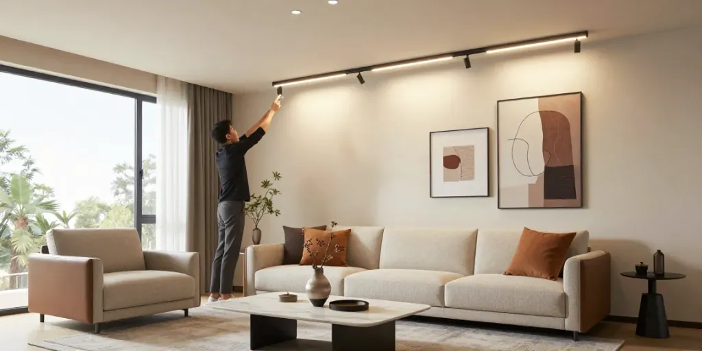Iluminat modern cu sina magnetica în interior, ajustând spoturile LED pentru un design elegant.