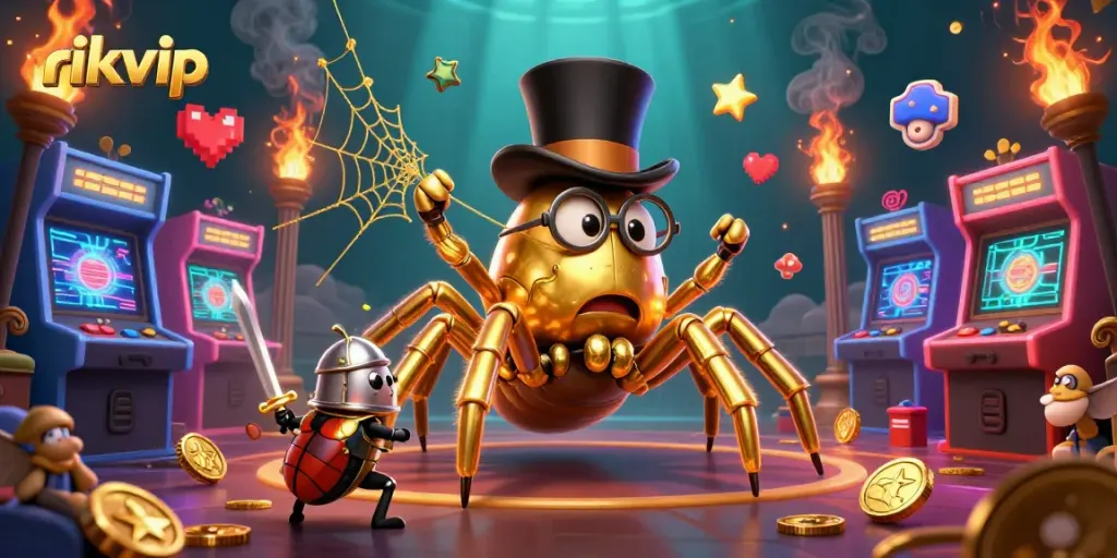 Experience the vibrant world of rikvip as a golden tarantula weaves luck in a casino setting.