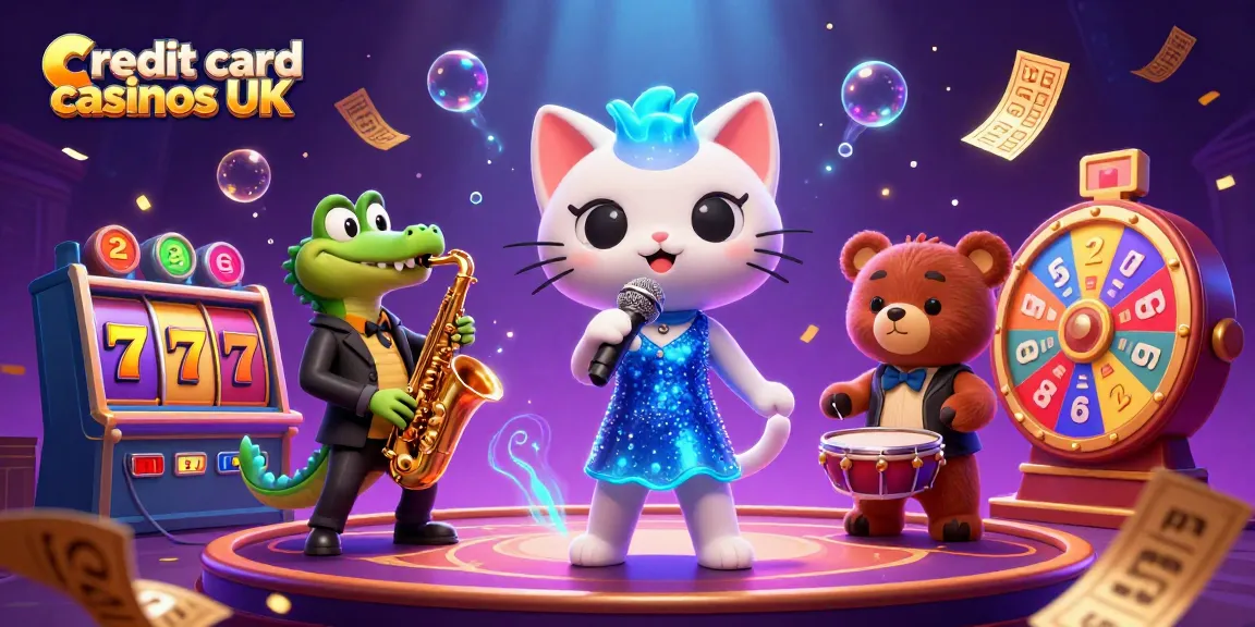 Experience top credit card casinos UK with vibrant 3D characters and casino game elements.