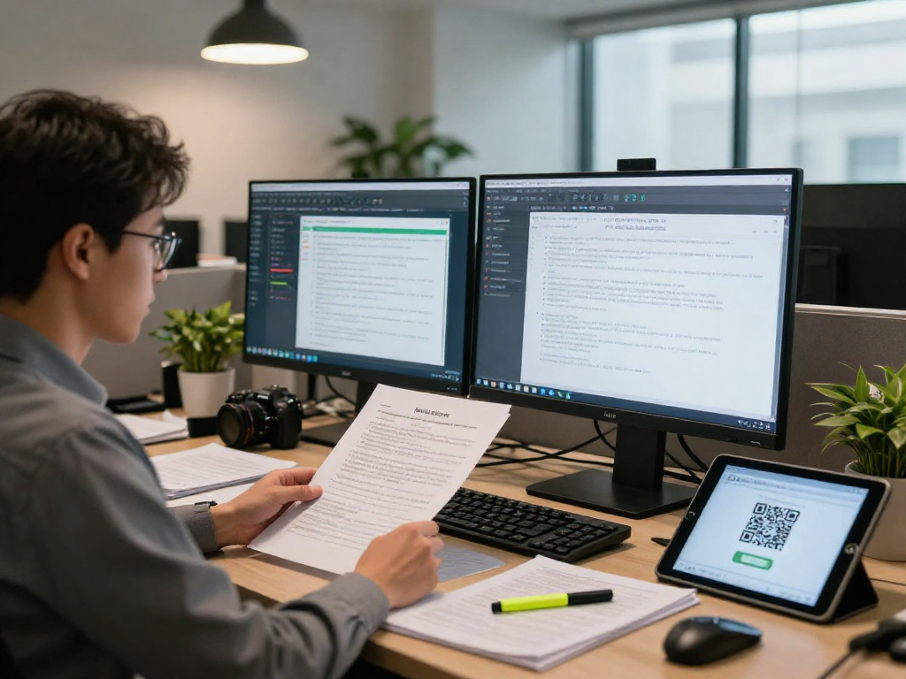 Compliance officer using advanced software for document fraud detection in a modern workspace.