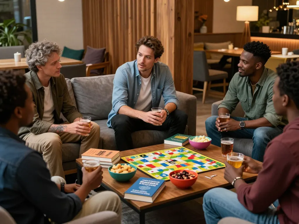 Men connecting in a supportive man club environment, sharing experiences and fostering friendships.