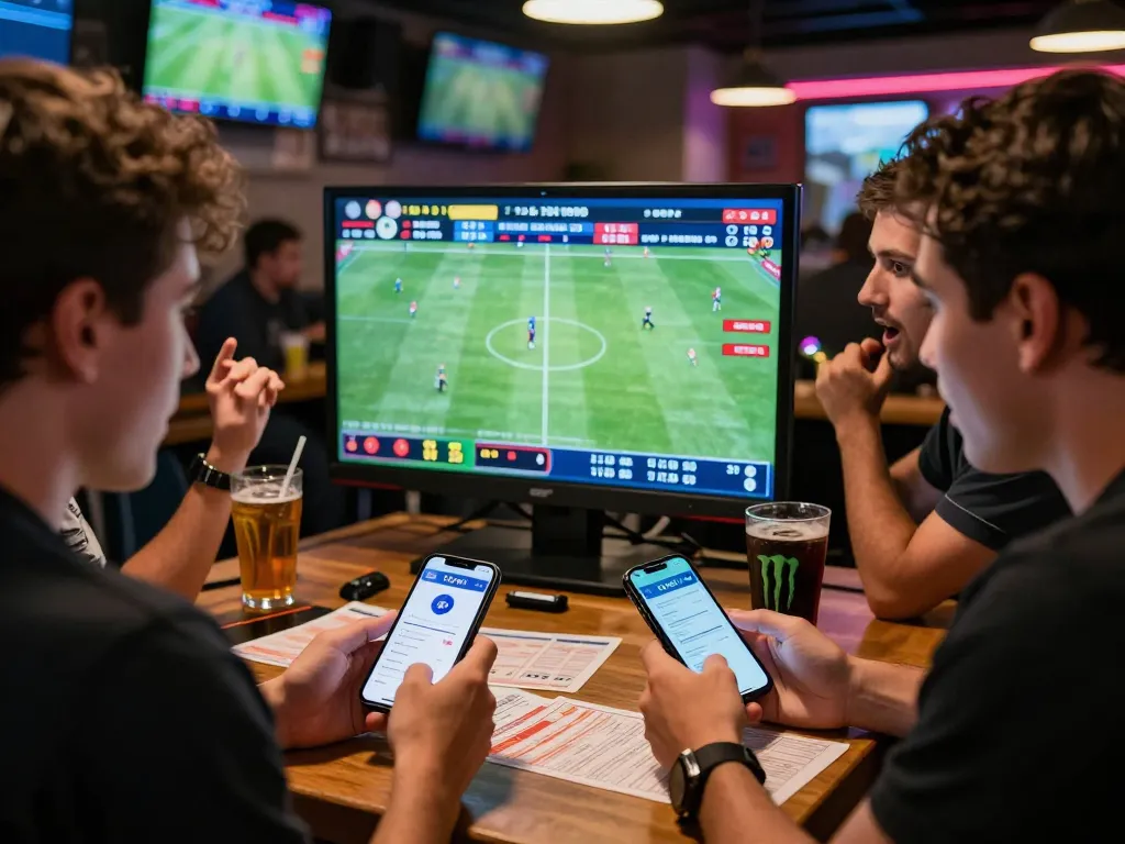 1gom app experience in a lively sports bar, showing real-time betting excitement.