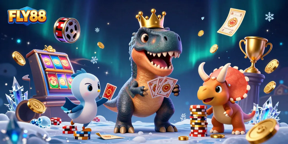 FLY88 features a 3D T-Rex shuffling cards in a vibrant casino scene highlighting exciting jackpots.