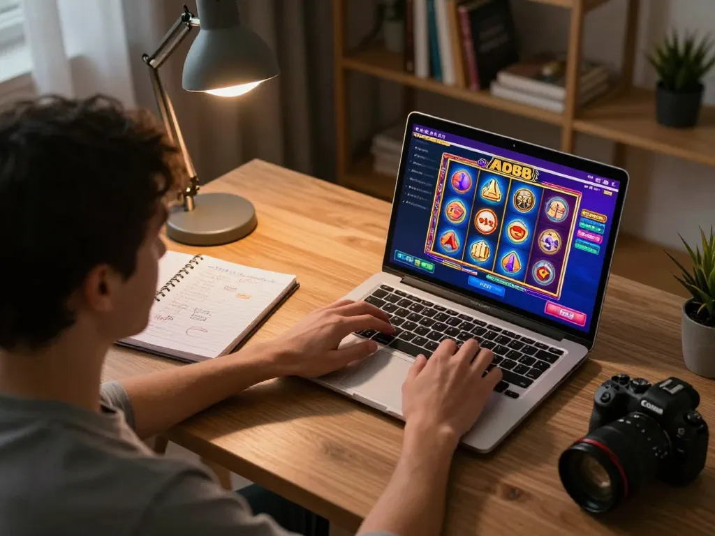 Play Alo88 online slots at home, showcasing vibrant game interface and cozy gaming setup.