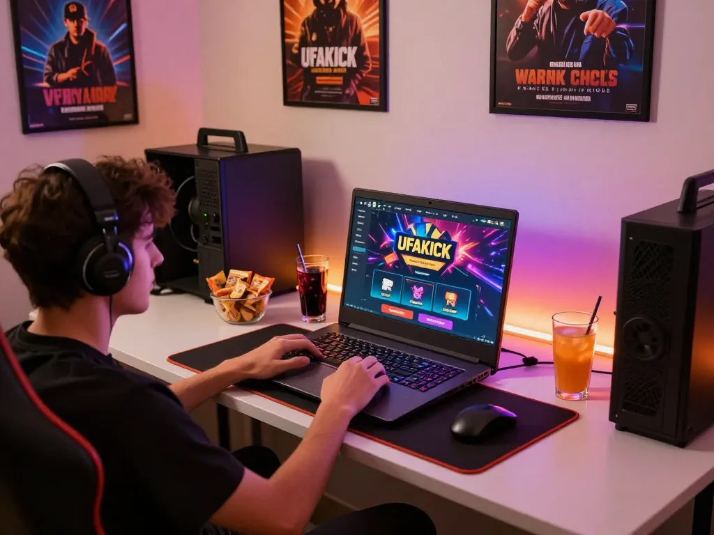 Engaged gamer utilizing the UFAKICK online casino platform at cozy home setup.