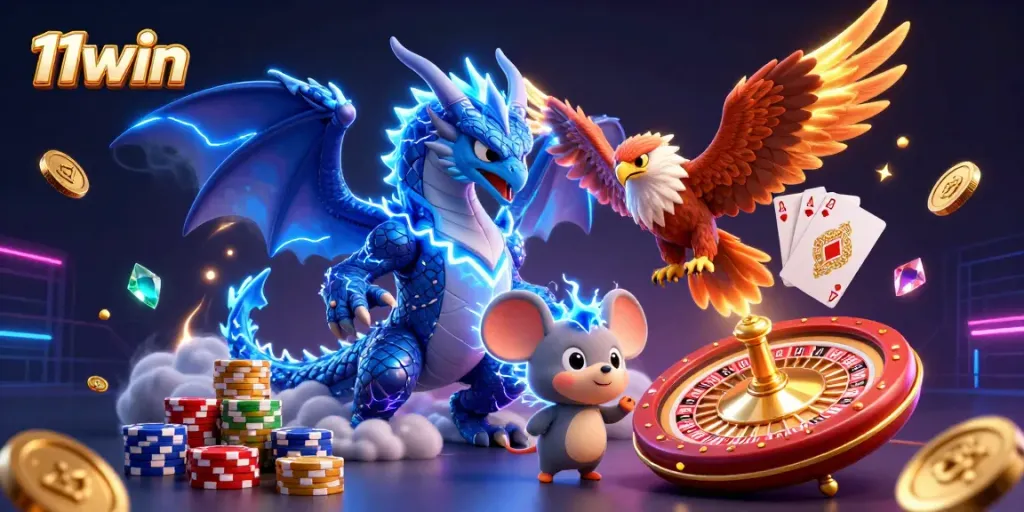 Engage with the thrilling world of 11win showcasing dynamic casino elements and vibrant characters.