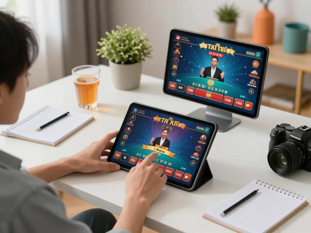 Engaged player enjoying Tài Xỉu online at home with a tablet, showcasing a vibrant gaming environment at taixiuonlinego