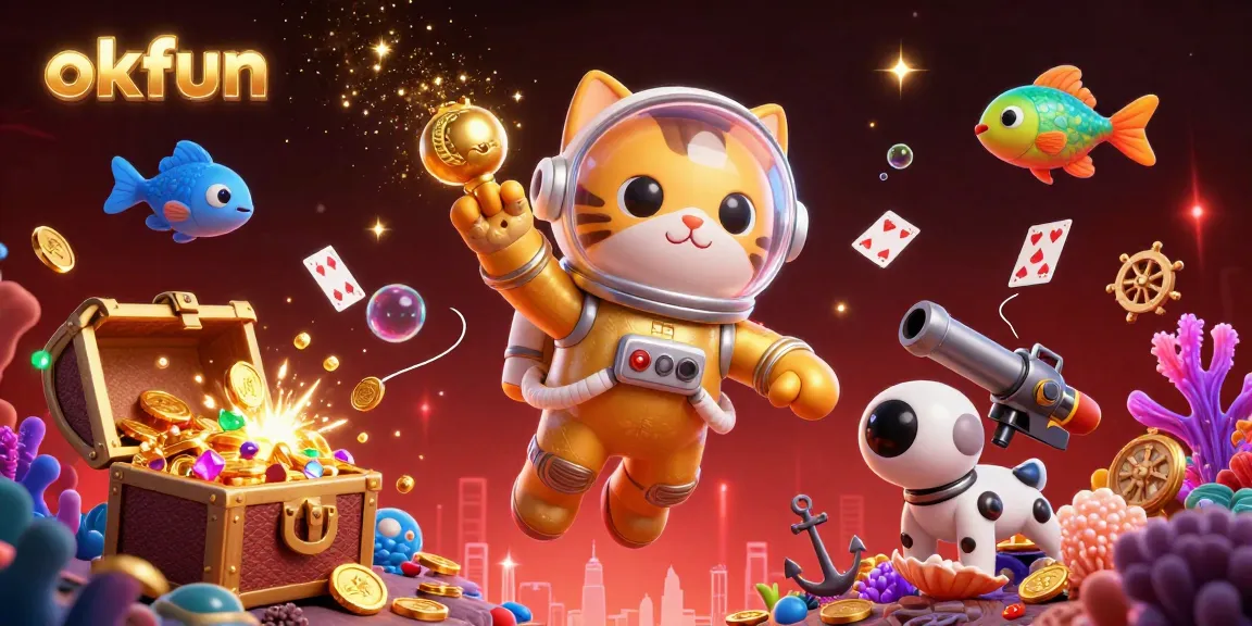 Engage in thrilling games with okfun as a golden astronaut cat and robot dog explore a vibrant underwater casino.
