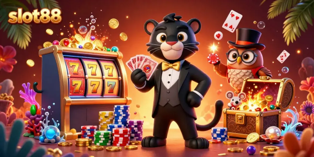 Experience thrilling gameplay with slot88 as a black panther in tuxedo deals cards while an owl and mouse celebrate winnings.