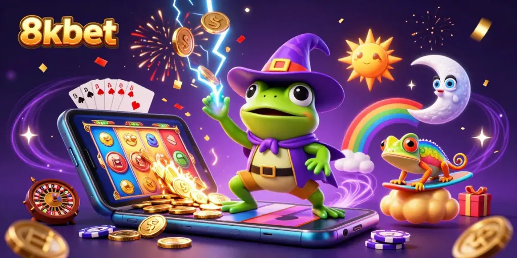 Experience excitement with 8xbet as the wizard frog conjures coins in a vibrant casino scene.