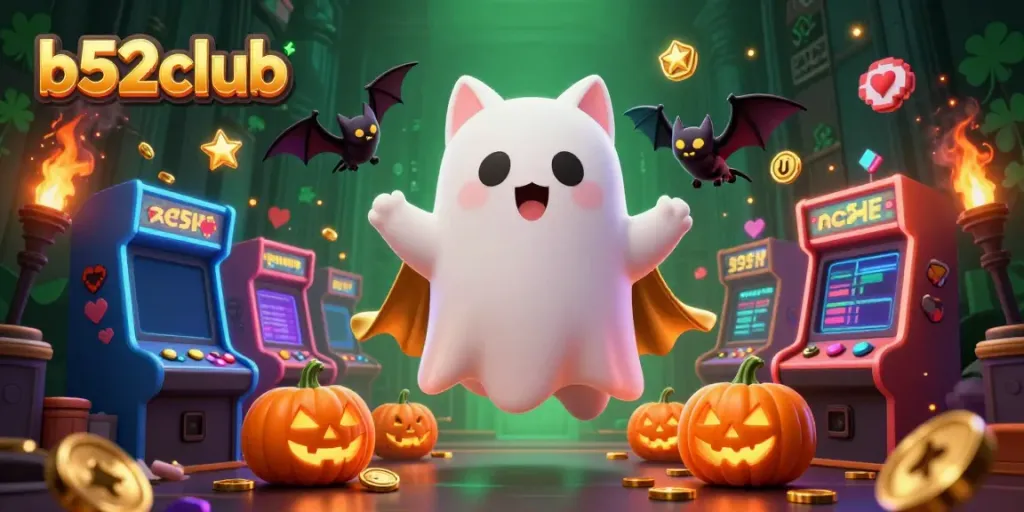 Experience thrilling gameplay at b52club with a friendly ghost cat in a vibrant casino!