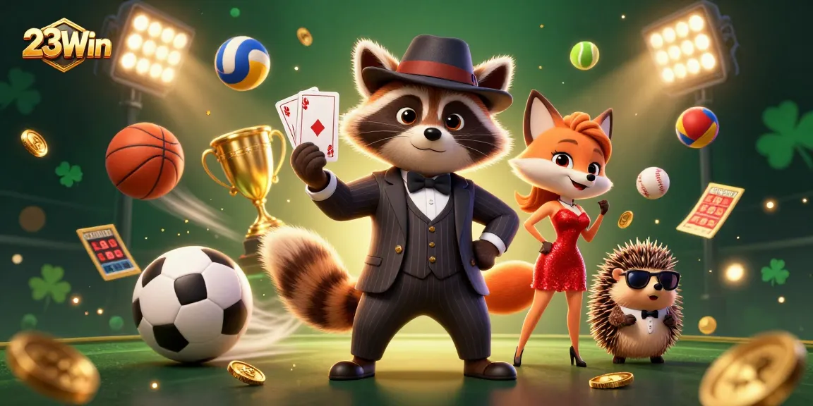 Experience the excitement of 23Win with suave characters in a dynamic casino scene surrounded by sports elements.