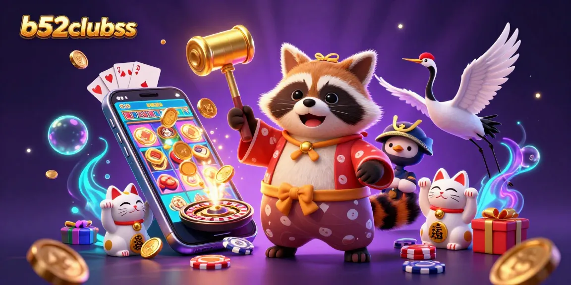 Engage with b52clubss as cheerful tanuki and friends showcase a vibrant casino scene filled with games.