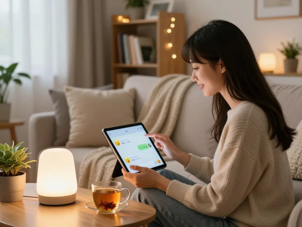 Engaging moment with girlfriend AI in a cozy home setting, showcasing emotional connection.