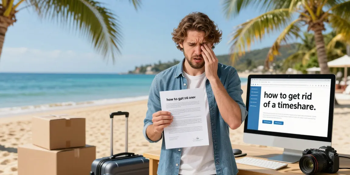 Individual learning how to get rid of a timeshare at a beach resort with packing boxes and a contract in hand.