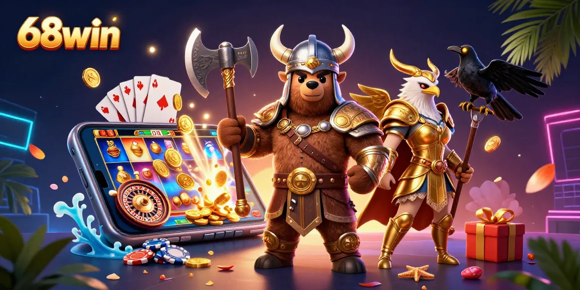 Play thrilling slot games with 68win in an exciting 3D illustration showcasing casino elements.