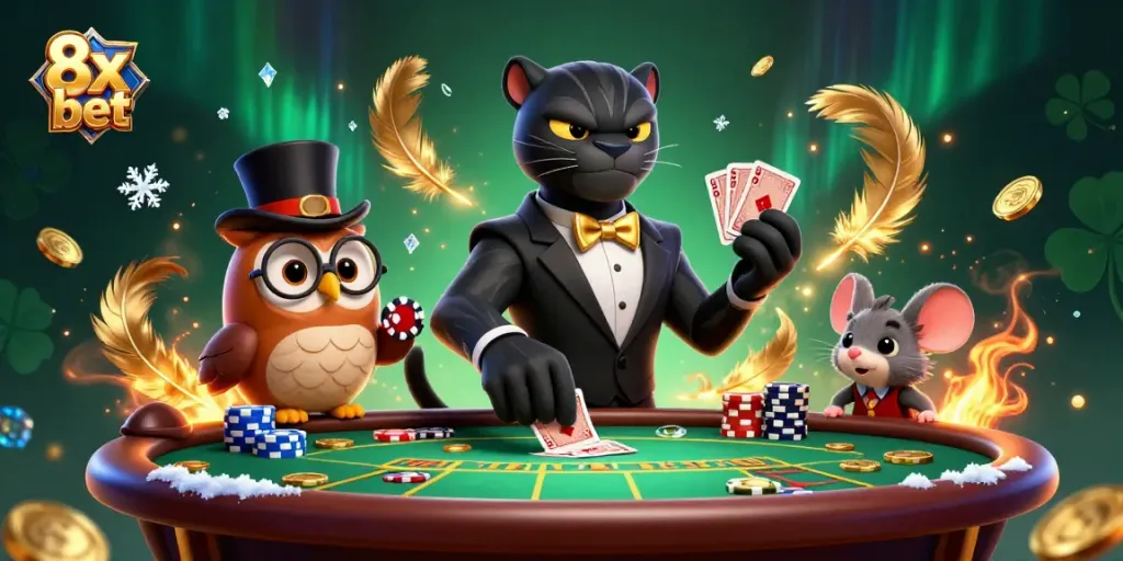Engage in thrilling poker action with 8x bet in this vibrant and dynamic casino illustration.