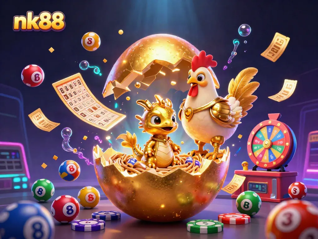 Experience thrilling gaming at nk88 with a golden baby dragon amidst vibrant casino elements.