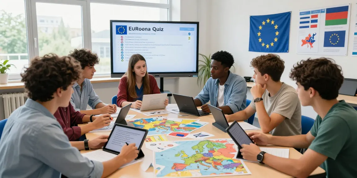 Group of students engaging in a European Union Quiz in a vibrant classroom setting.