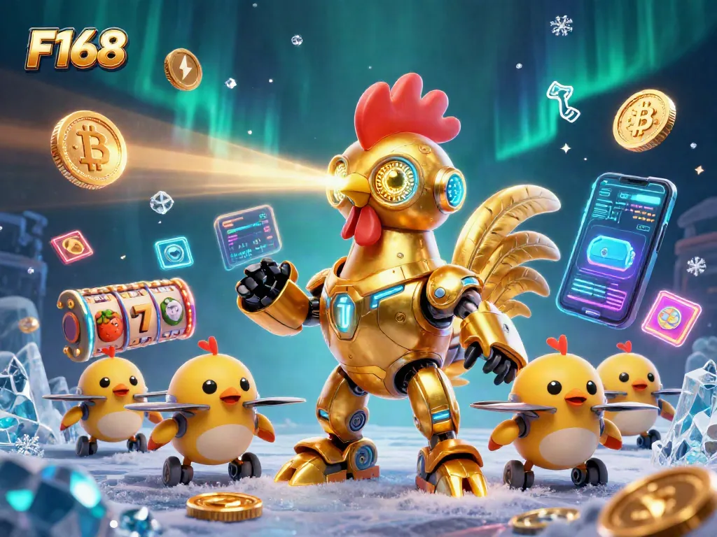 Engage with F168's exciting casino experience featuring a golden rooster robot amidst slot machines and crypto elements.