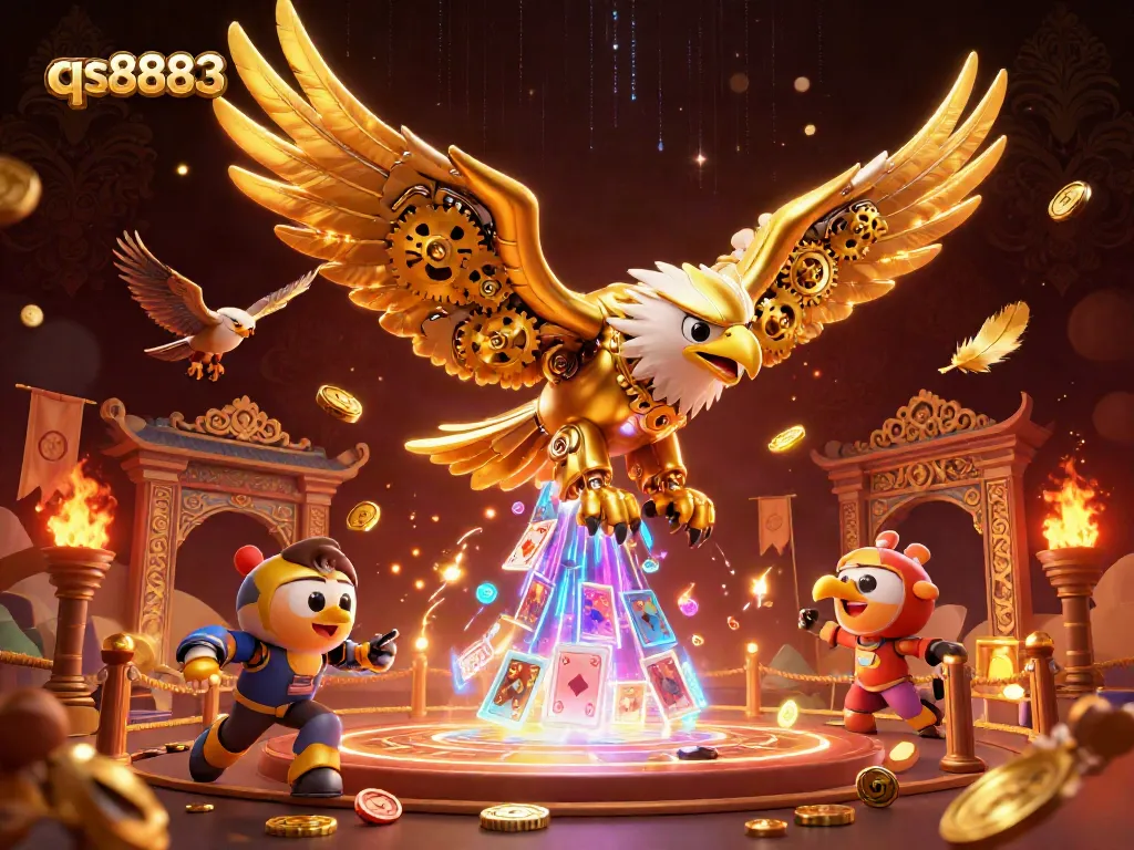 Experience dynamic gaming action with qs8883 in a vibrant 3D rendering showcasing casino elements.