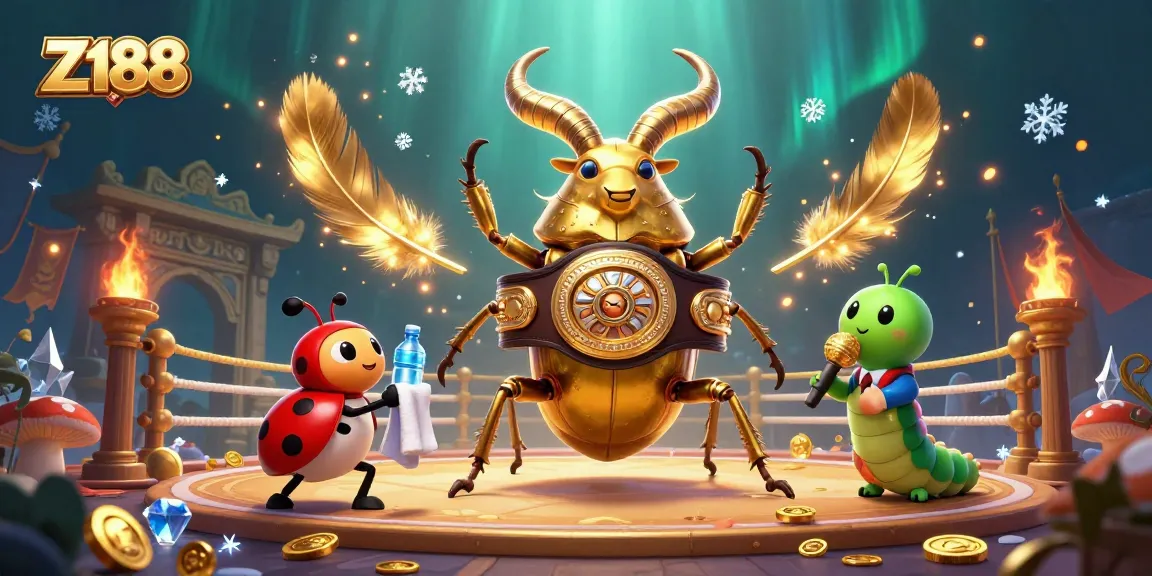 Z188 brings exciting betting action with a vibrant 3D scene featuring a golden stag beetle boxer and lively casino elements.