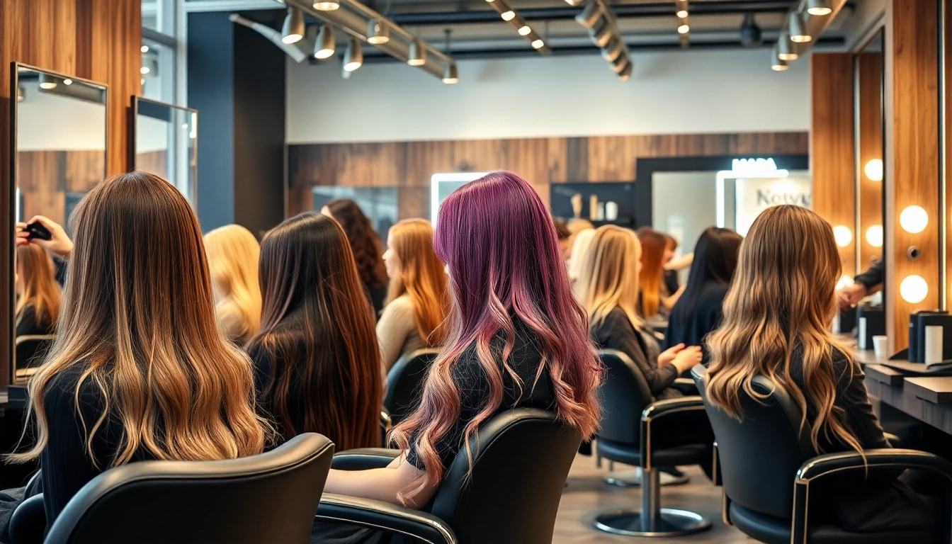 Vibrant hair salon scene highlighting coloración de cabello techniques with diverse stylists.