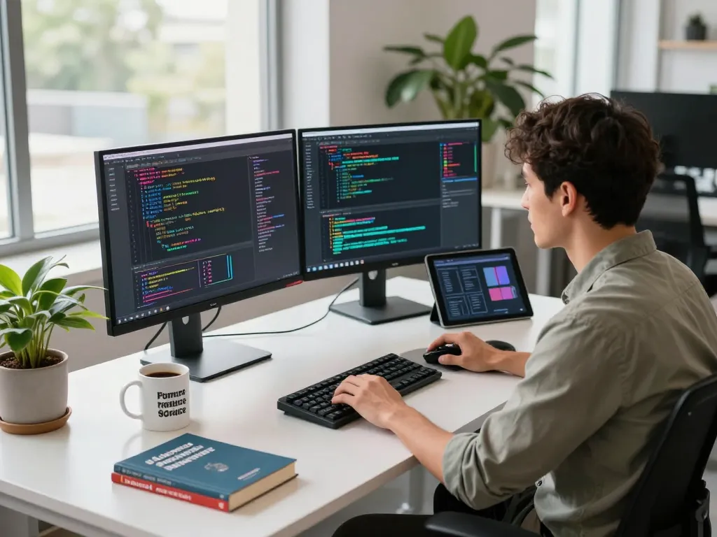 Innovative workspace for crush ai development with a focused programmer surrounded by tech elements and bright lighting.