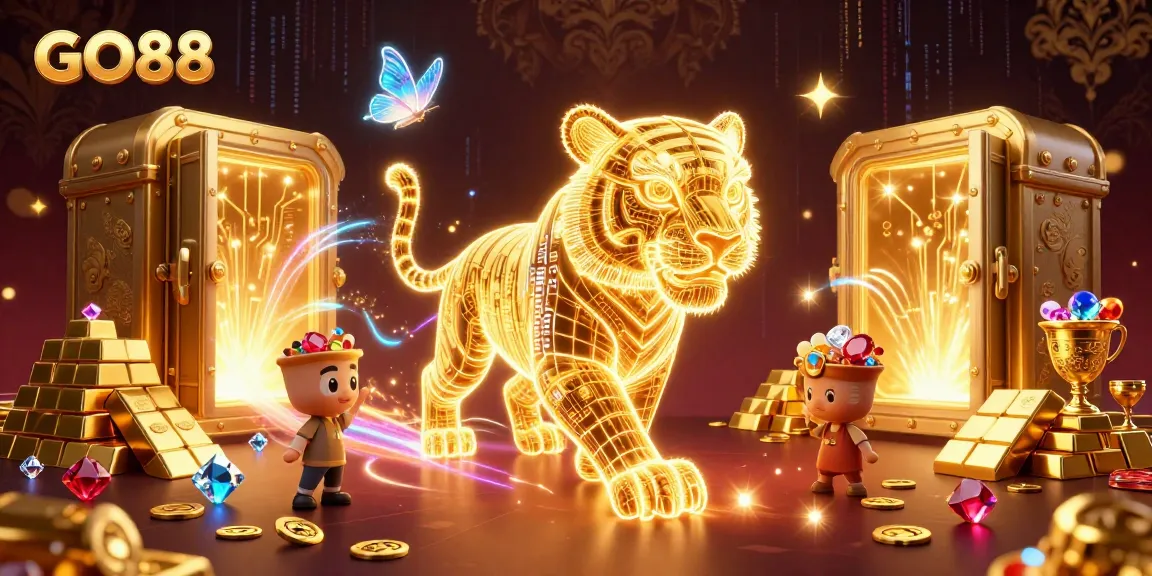 Experience the thrill of winning at GO88 with a golden tiger in a dazzling digital casino atmosphere.
