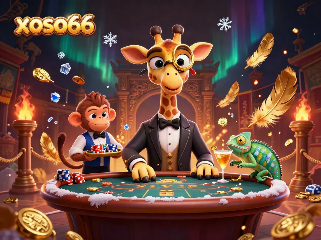 Experience thrilling casino action with xoso66 in a vivid scene featuring a high-roller giraffe and friends.