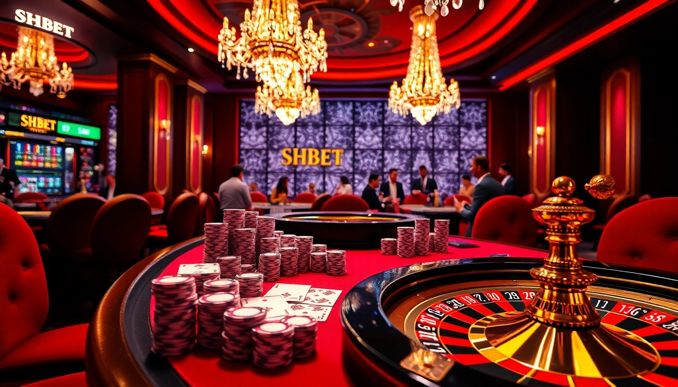 SHBET table with stacked poker chips, roulette wheel, and players engaging in excited betting.