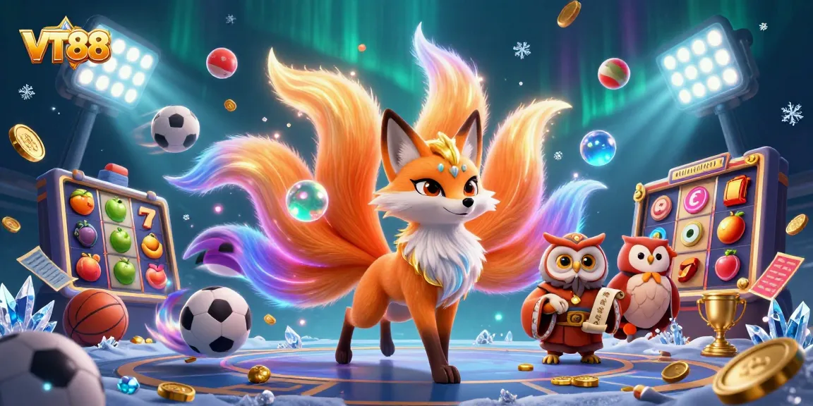 VT88 showcases a vibrant casino scene with a nine-tailed fox and owl, immersed in dynamic gaming action.