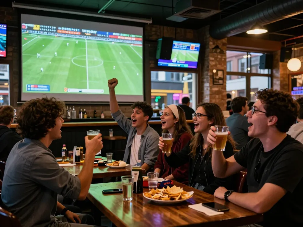 Cheering fans at a sports bar engaging in kèo bóng đá trực tuyến while watching a live football match.