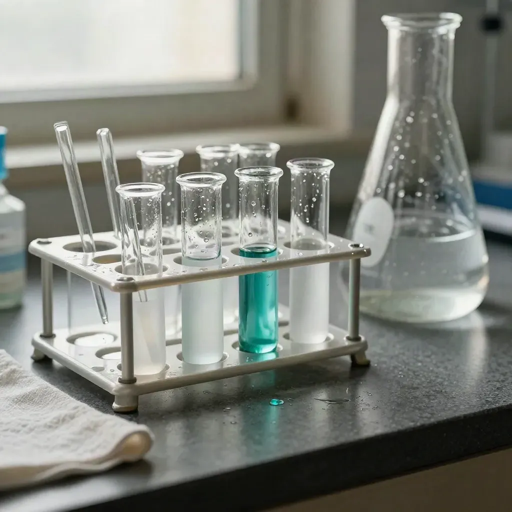 Condensation-beaded lab flasks and a frosted vial rack on a graphite stone bench